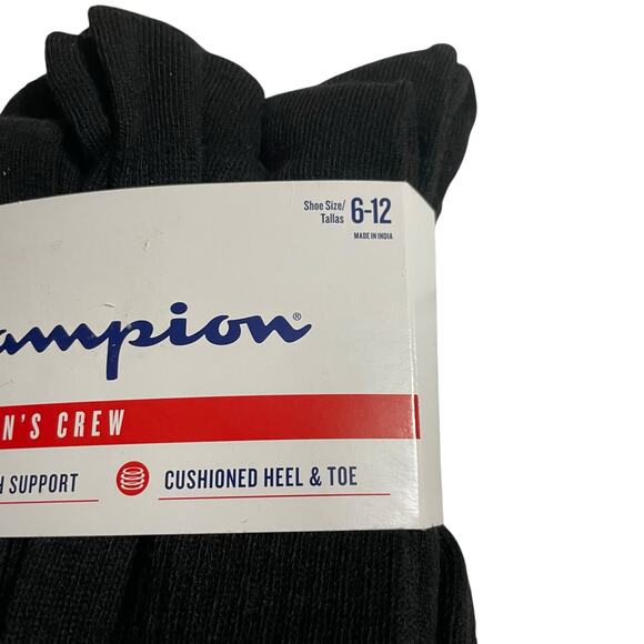 Champion Mens Black Crew Socks Double Dry Arch Support Cushioned Heel and Toe - Picture 5 of 8